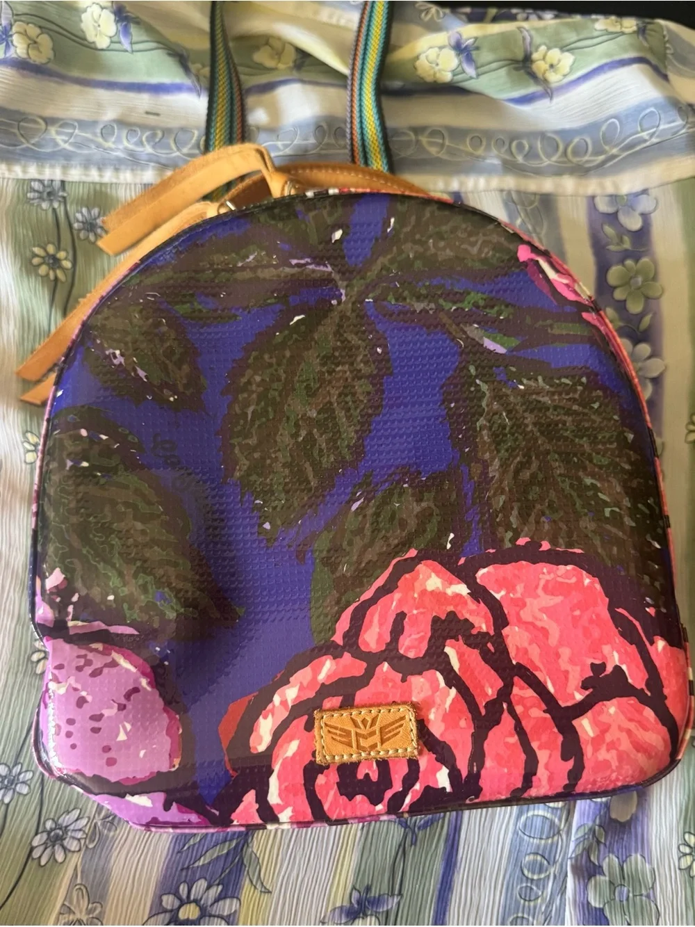Consuela Blue Floral Dome Backpack with Pink Accents